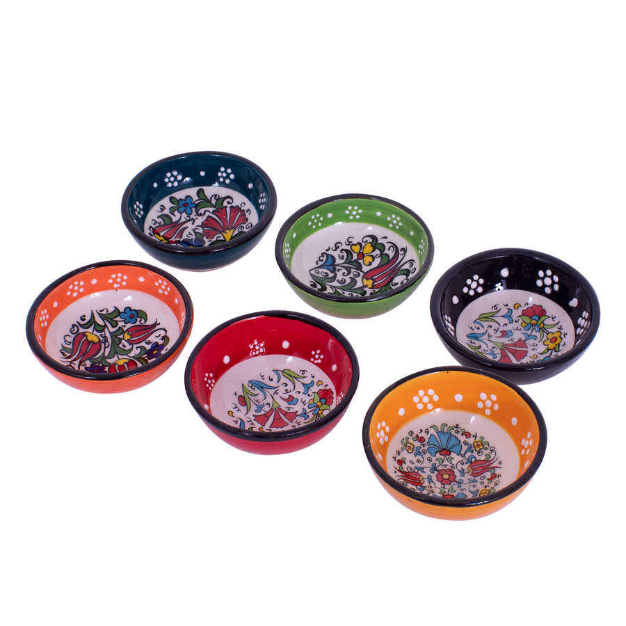 Kutahya Small Decorative Ceramic Bowls Set of 6, Ottoman, Spanish and Mexican Style, 8cm