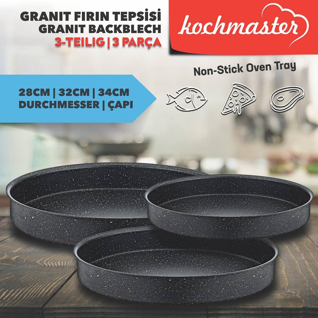 Kochmaster Granite Effected Nonstick Round Baking Tray Set - 3 Pieces, Sizes: 28, 32, 34 cm